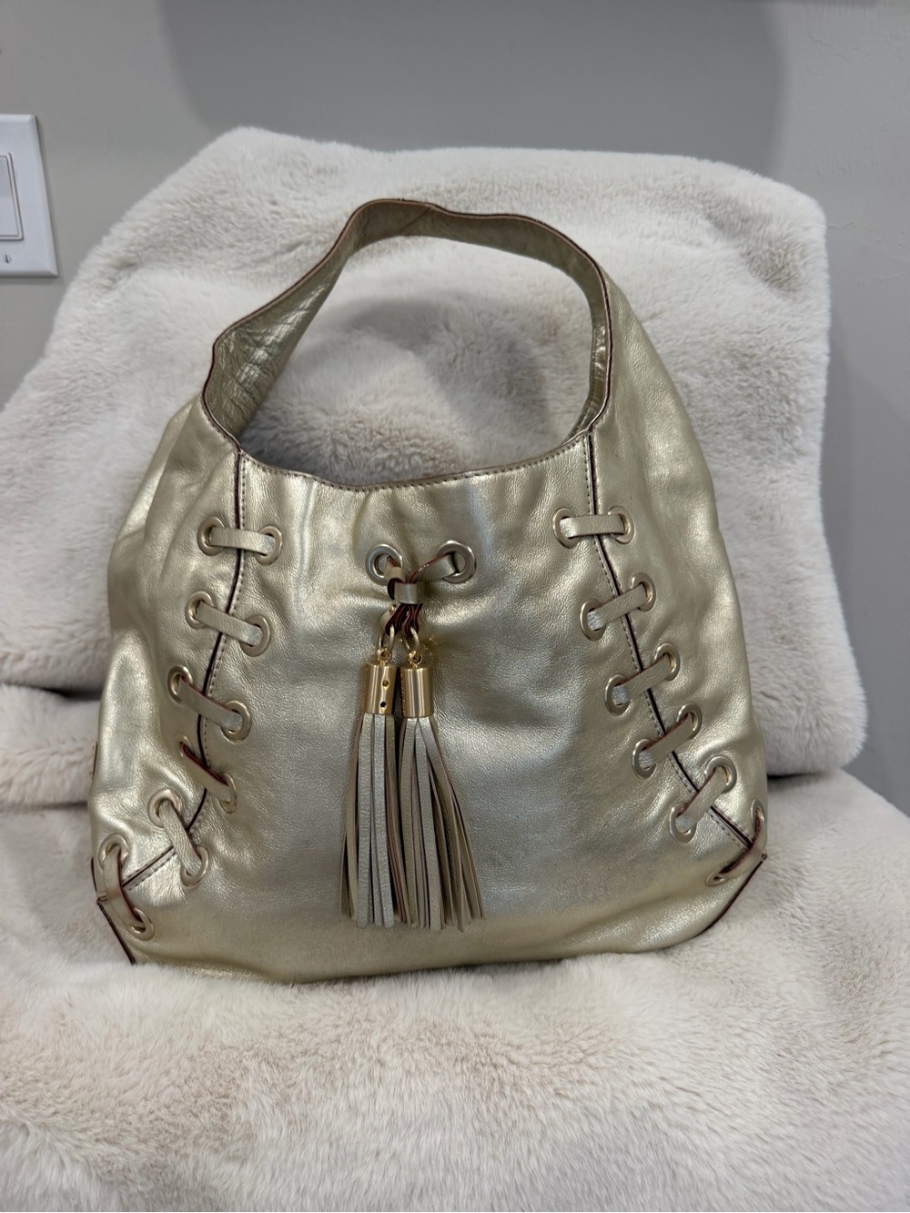 Michael Kors Metallic Olive Green Leather Shoulder Bag